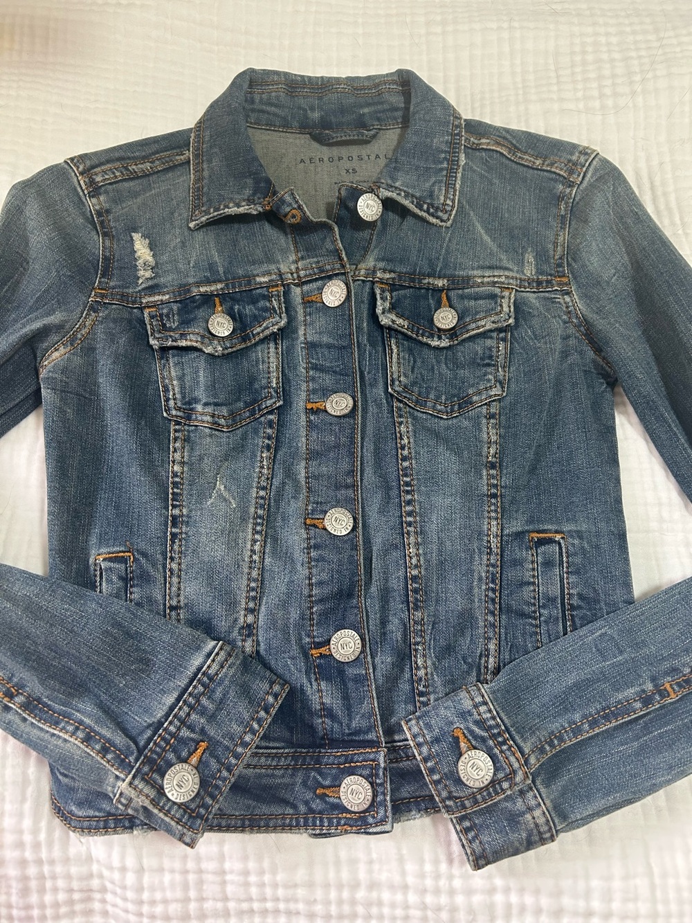 Aeropostale Women’s XS Distressed Stretch Denim Jean Jacket Medium Wash